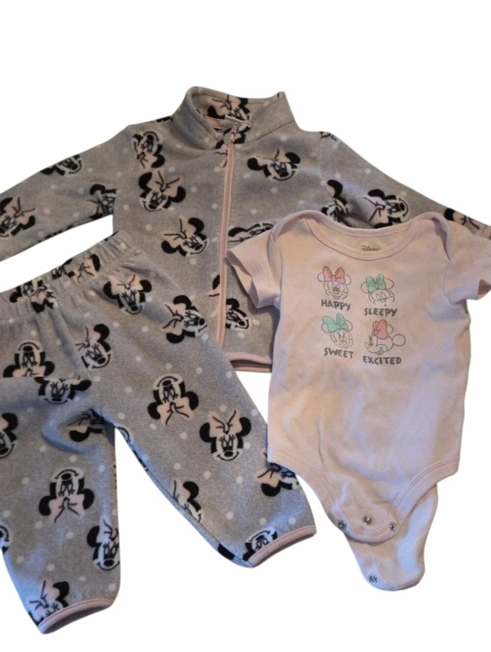 Disney Minnie Mouse 3pc Outfit Set 6-12 Months Fleece Jacket Pants Bodysuit